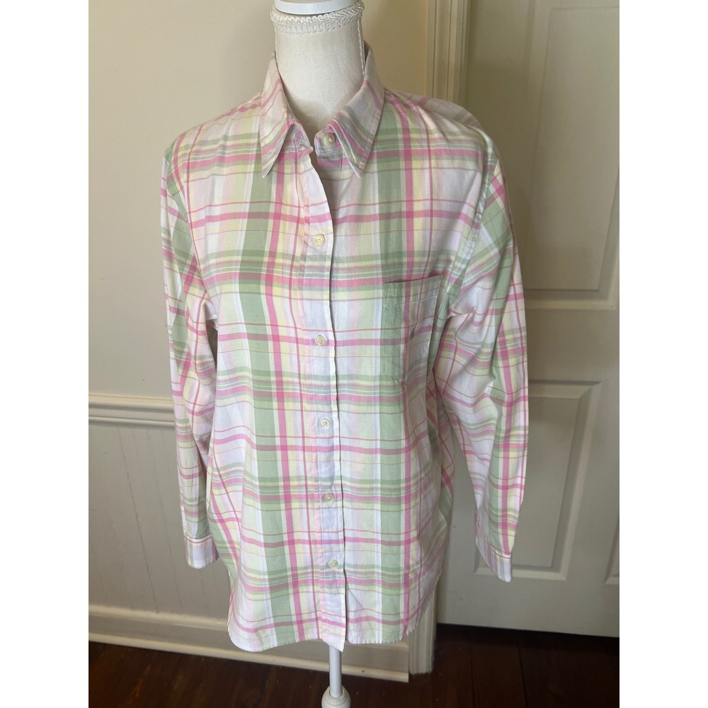 Lauren Ralph Lauren Womens Pink Green Plaid Button Down Cotton Shirt Large